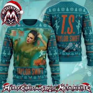Taylor Swift The Life Of A Showgirl Teal Knitted Pattern TS Logo Gift For Fan Knitted Ugly Christmas Sweater