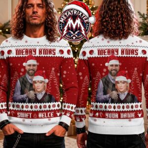 Taylor Swift Travis Kelce Merry Xmas Custom Name Football Pattern Red White Personalized Christmas 2026 Holiday Ugly Christmas Sweater