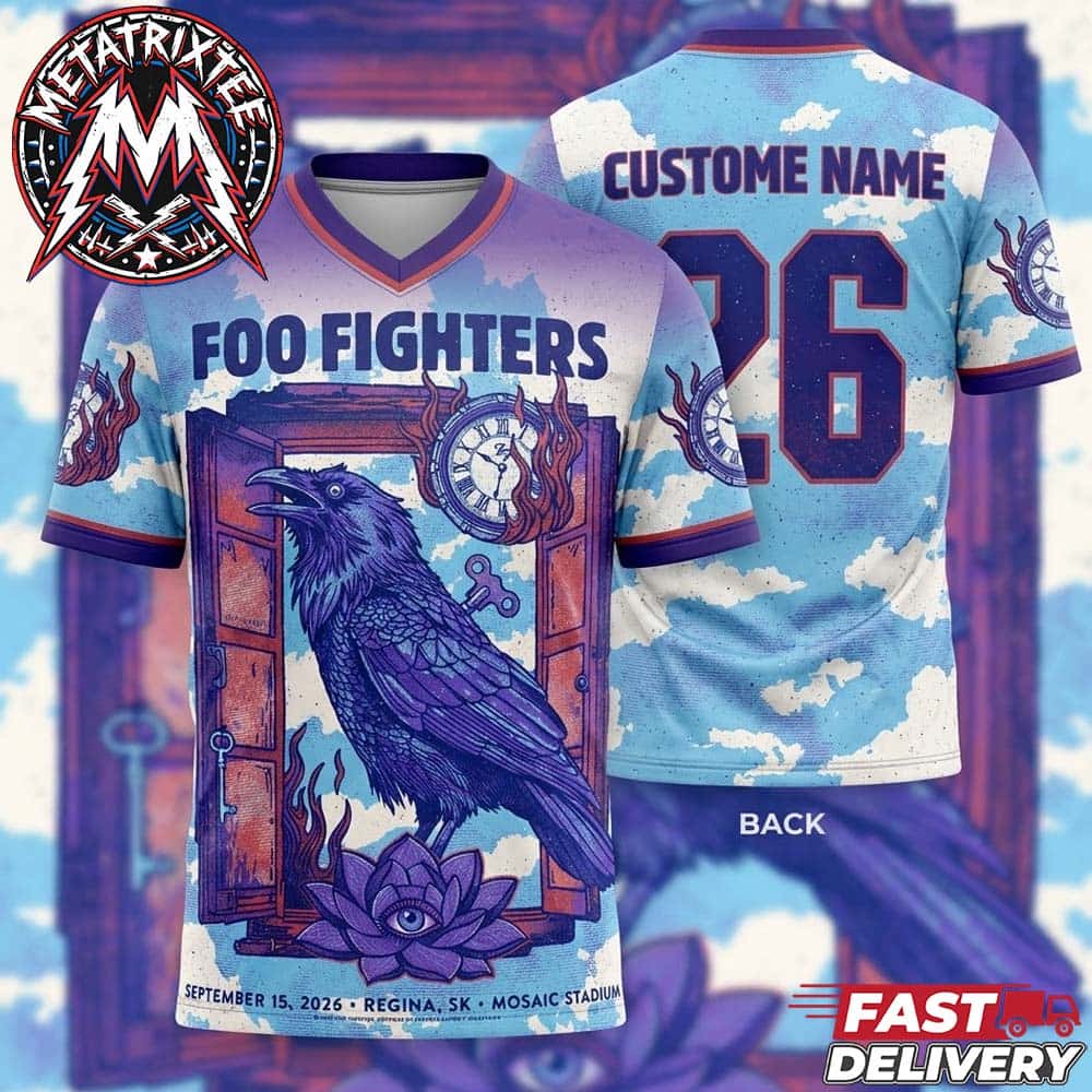 The Foo Fighters Regina Take Cover Tour 2026 Poster By Gregg Gordon On September 15 2026 At Mosaic Stadium In Saskatchewan Football Jersey Shirt The Foo Fighters Regina Take Cover Tour 2026 Poster By Gregg Gordon On September 15 2026 At Mosaic Stadium In Saskatchewan Football Jersey Shirt
