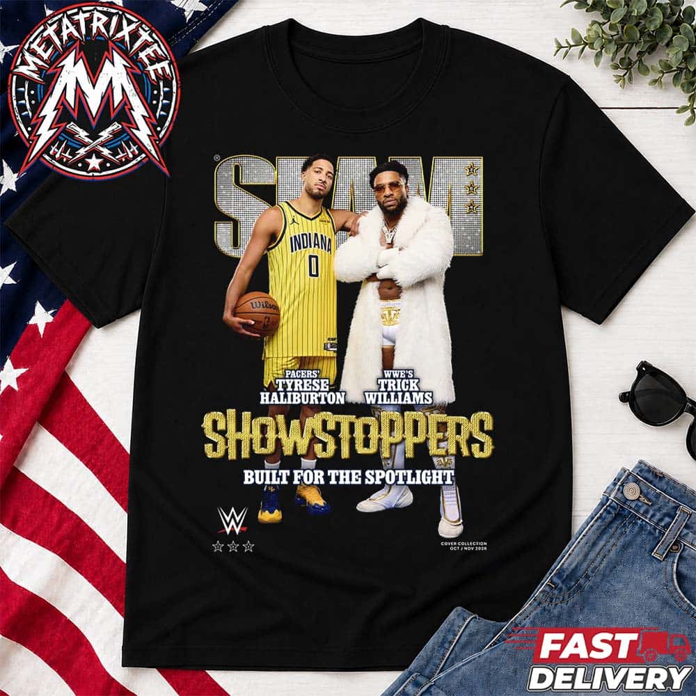 Tyrese Haliburton And Trick Williams SLAM 264 x WWE Showstopper Team Indiana Pacers Built For The Spotlight Short Black T-Shirt Tyrese Haliburton And Trick Williams SLAM 264 x WWE Showstopper Team Indiana Pacers Built For The Spotlight Short Black T-Shirt
