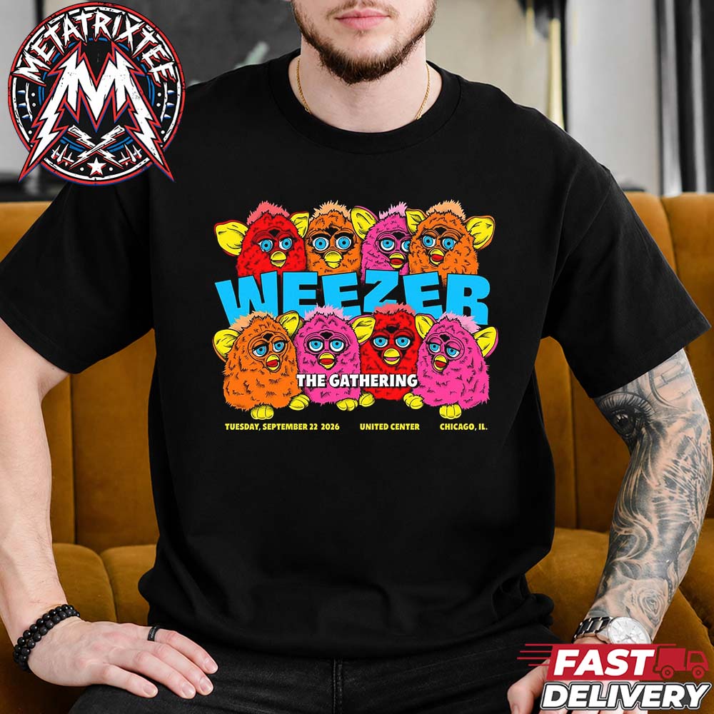 Weezer Band Chicago The Gathering Tour 2026 Show Poster For The United Center In IL On September 22 2026 Short Black T-Shirt Weezer Band Chicago The Gathering Tour 2026 Show Poster For The United Center In IL On September 22 2026 Short Black T-Shirt