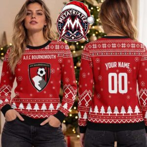 AFC Bournemouth Logo Snowflake Xmas Trees Red White Custome Name And Number 2026 Knitted Ugly Christmas Sweater