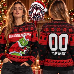 AFC Bournemouth The Grinch Santa Hat Reindeer Snowflake Pattern Premier League 2026 Knitted Ugly Christmas Sweater