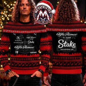 Alfa Romeo F1 Team Stake Racing Car And Reindeer Pattern Custome Name And Number 2026 Knitted Ugly Christmas Sweater