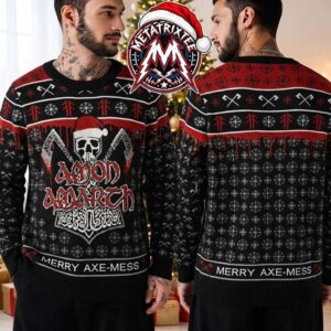 Amon Amarth Skull Santa Hat Crossed Battle Axes Merry Axe-Mess Graphic Knitted Ugly Christmas Sweater