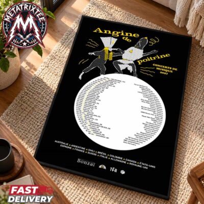 Angine de Poitrine 2027 concert tour poster featuring masked performers in yellow and black harlequin costumes.