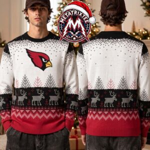 Arizona Cardinals NFL Red Bird Emblem With Christmas Trees And Reindeer Holiday Christmas Xmas Ugly Christmas Sweater