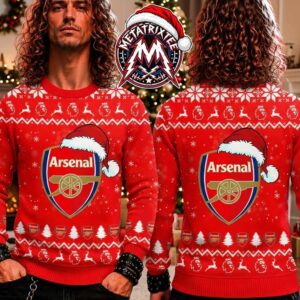 Arsenal FC Christmas Santa Hat Cannon Crest Red Snowflake Reindeer Pattern Premier League 2026 Knitted Ugly Christmas Sweater