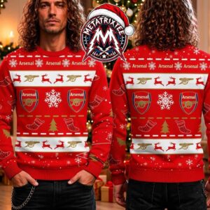 Arsenal FC Premier League Crest Reindeer Snowflake Cannon Pattern 2026 Knitted Ugly Christmas Sweater