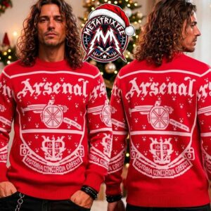 Arsenal FC Victoria Concordia Crescit Cannon Crest Premier League Gift For Fan Knitted Ugly Christmas Sweater