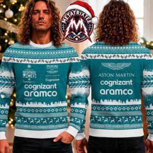 Aston Martin Aramco F1 Racing Team Formula One Teal Snowflakes Checkered Racing Flag Pattern Gift For Fan Knitted Ugly Christmas Sweater