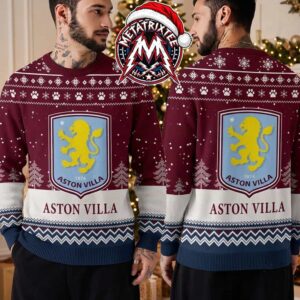 Aston Villa FC Burgundy And White Pattern With Yellow Lion Shield Logo Gift For Fan Knitted Ugly Christmas Sweater