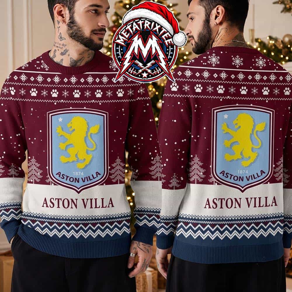 Aston Villa FC Burgundy And White Pattern With Yellow Lion Shield Logo Gift For Fan Knitted Ugly Christmas Sweater Aston Villa FC Burgundy And White Pattern With Yellow Lion Shield Logo Gift For Fan Knitted Ugly Christmas Sweater