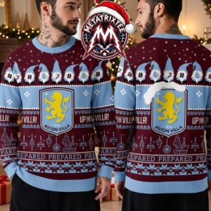 Aston Villa FC Premier League Crest Lion Christmas Gnomes Pattern Claret And Blue 2026 Knitted Ugly Christmas Sweater