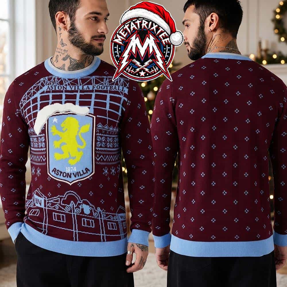 Aston Villa FC Villa Park Stadium Lion Crest Snowflakes Claret And Blue Gift For Fan Knitted Ugly Christmas Sweater Aston Villa FC Villa Park Stadium Lion Crest Snowflakes Claret And Blue Gift For Fan Knitted Ugly Christmas Sweater