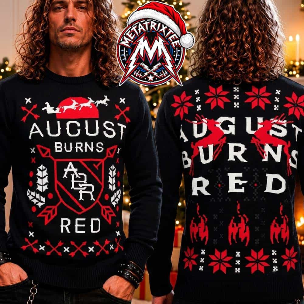 August Burns Red Metal Band ABR Shield Santa Sleigh And Reindeer Graphic 2026 Knitted Ugly Christmas Sweater August Burns Red Metal Band ABR Shield Santa Sleigh And Reindeer Graphic 2026 Knitted Ugly Christmas Sweater
