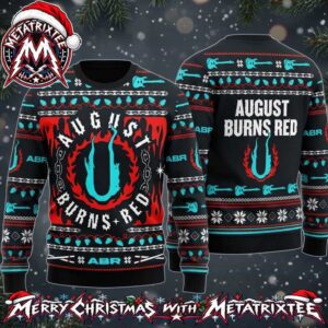 August Burns Red Metalcore Flame Logo Electric Guitar And Drumsticks Personalized Christmas 2026 Holiday Ugly Sweater