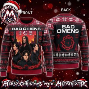 Bad Omens Anime Style Band Members Portrait With Occult Symbols And Crimson Nordic Pattern Holiday Christmas Xmas Ugly Christmas Sweater