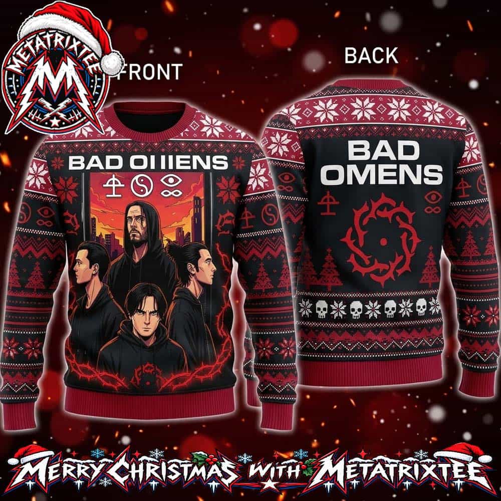 Bad Omens Anime Style Band Members Portrait With Occult Symbols And Crimson Nordic Pattern Holiday Christmas Xmas Ugly Christmas Sweater Bad Omens Anime Style Band Members Portrait With Occult Symbols And Crimson Nordic Pattern Holiday Christmas Xmas Ugly Christmas Sweater