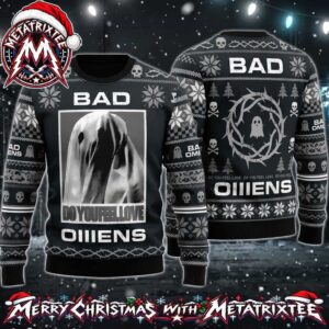 Bad Omens Do You Feel Love Ghost Figure With Barbed Wire Pattern And Skulls 2026 Knitted Ugly Christmas Sweater