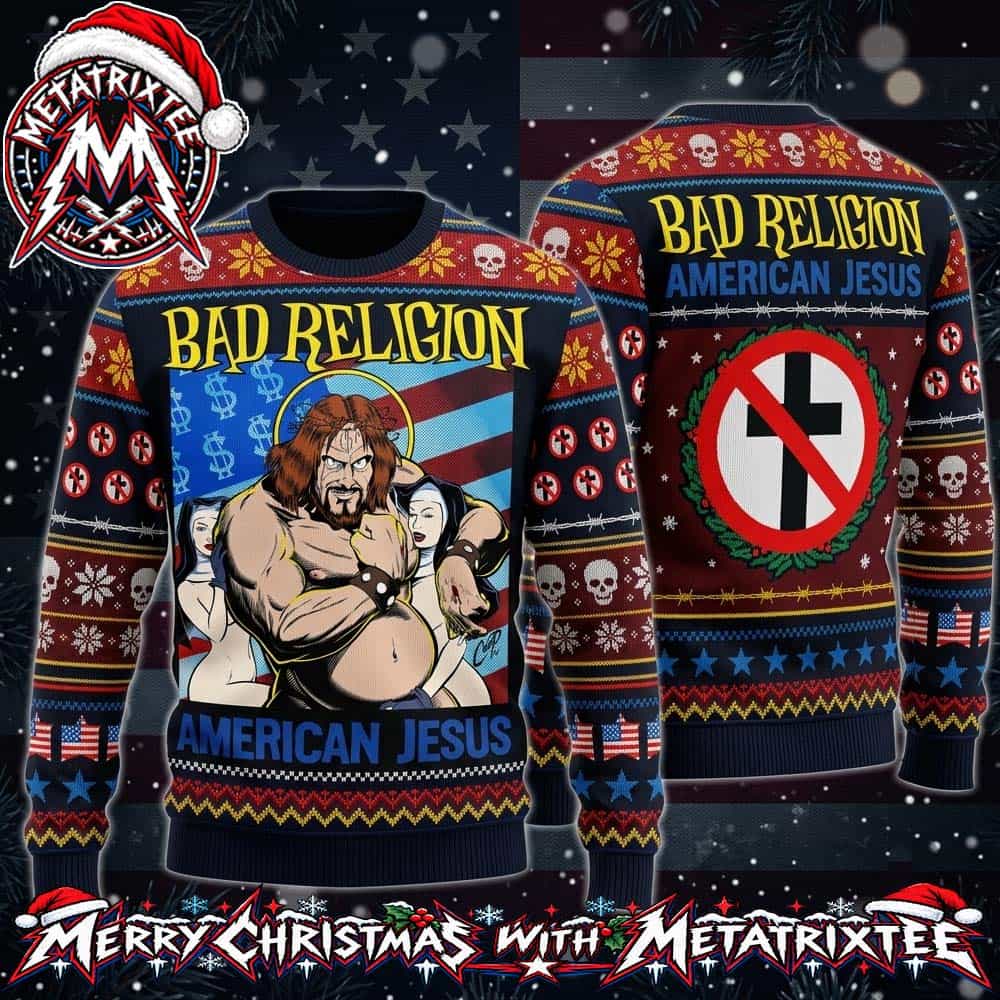 Bad Religion American Jesus Comic Artwork With Crossbuster Logo Holiday Christmas Xmas Ugly Christmas Sweater Bad Religion American Jesus Comic Artwork With Crossbuster Logo Holiday Christmas Xmas Ugly Christmas Sweater