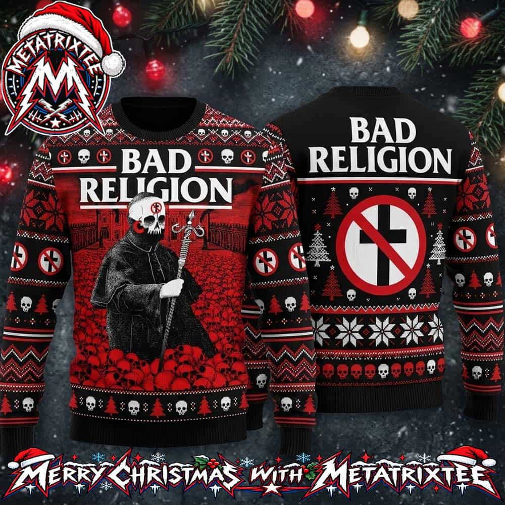 Bad Religion Priest Skull Crossbuster Red Black Sea Of Skulls 2026 Knitted Ugly Christmas Sweater Bad Religion Priest Skull Crossbuster Red Black Sea Of Skulls 2026 Knitted Ugly Christmas Sweater