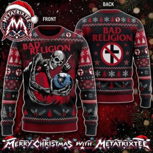 Bad Religion Skeleton Holding Globe With Crossbuster Logo 2026 Knitted Ugly Christmas Sweater