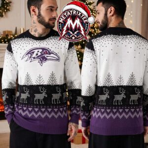 Baltimore Ravens NFL Reindeer Snowflake Pine Trees Pattern White Purple 2026 Knitted Ugly Christmas Sweater