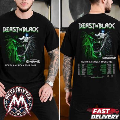 Black two-sided Beast In Black North American Tour 2027 T-shirt featuring a green cybernetic beast graphic and tour dates.