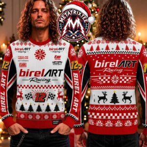 BirelART Racing Team Motorsports Number 12 Pattern Reindeer and Christmas Tree Red White Black 2026 Knitted Ugly Christmas Sweater