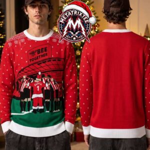 Brentford FC Bee Together Football Team And Santa Claus Hugging In Stadium 2026 Knitted Ugly Christmas Sweater