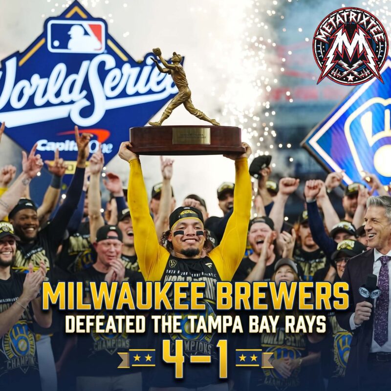Milwaukee Brewers players celebrating on the field after clinching the 2026 World Series championship in Game 5.