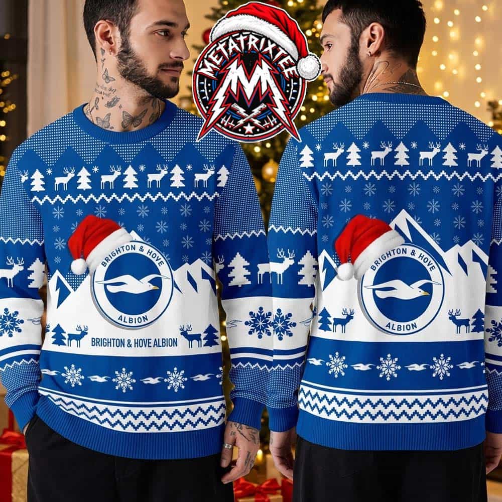 Brighton And Hove Albion FC Santa Hat Seagull Mountain Pattern 2026 Knitted Ugly Christmas Sweater Brighton And Hove Albion FC Santa Hat Seagull Mountain Pattern 2026 Knitted Ugly Christmas Sweater
