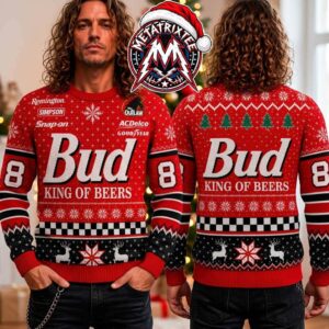 Budweiser King Of Beers Remington Simpson Snap-On AC Delco Goodyear 8 Red Pattern Christmas 2026 Knitted Ugly Christmas Sweater