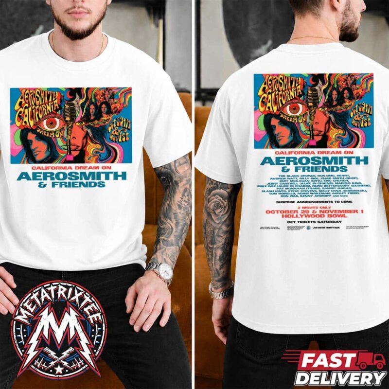 White two-sided graphic t-shirt featuring a psychedelic Aerosmith and Friends Hollywood Bowl concert poster print on the front and back.