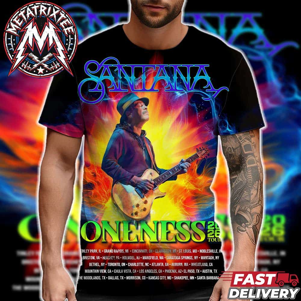 Carlos Santana Fire and Ice Oneness Tour 2026 Poster Cities List For Tinley Park IL To Santa Barbara CA All Over Print T-Shirt Carlos Santana Fire and Ice Oneness Tour 2026 Poster Cities List For Tinley Park IL To Santa Barbara CA All Over Print T-Shirt