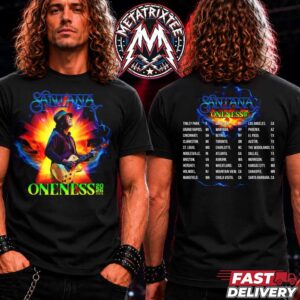 Carlos Santana Fire and Ice Oneness Tour 2026 Poster Cities List For Tinley Park IL To Santa Barbara CA Two Sided Print Black T-Shirt