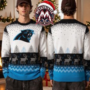 Carolina Panthers NFL Roaring Panther Logo Reindeer Pine Tree Pattern 2026 Knitted Ugly Christmas Sweater