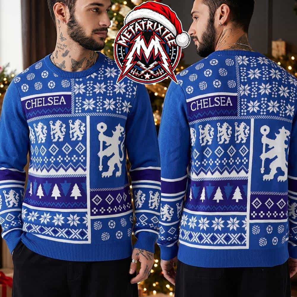 Chelsea FC Blue Patchwork Lion Crest Snowflake Christmas Tree Pattern Gift For Fan Knitted Ugly Christmas Sweater Chelsea FC Blue Patchwork Lion Crest Snowflake Christmas Tree Pattern Gift For Fan Knitted Ugly Christmas Sweater