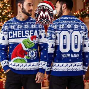 Chelsea FC The Grinch Santa Hat Holding Football Logo Gift For Fan Knitted Ugly Christmas Sweater