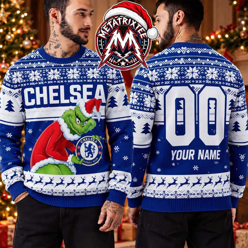 Chelsea FC The Grinch Santa Hat Holding Football Logo Gift For Fan Knitted Ugly Christmas Sweater Chelsea FC The Grinch Santa Hat Holding Football Logo Gift For Fan Knitted Ugly Christmas Sweater