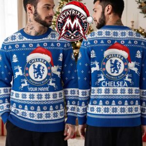 Chelsea Football Club Blue Santa Claus Hat Reindeer Pattern Personalized Christmas 2026 Holiday Ugly Christmas Sweater