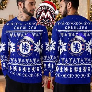 Chelsea Football Club Royal Blue Ugly Christmas Winter Snowflakes And Trees Pattern Holiday Christmas Xmas Ugly Christmas Sweater