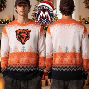 Chicago Bears NFL Roaring Bear Head Logo Reindeer Pine Tree Pattern 2026 Knitted Ugly Christmas Sweater