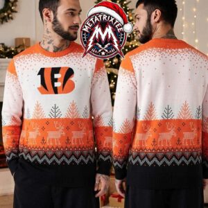 Cincinnati Bengals NFL Logo Christmas Reindeer Pine Tree Pattern Gift For Fan Knitted Ugly Christmas Sweater