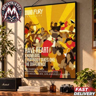 Illustrated concert poster depicting a hardcore crowd and singer with Have Heart lineup text and yellow sunburst.