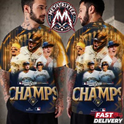 Milwaukee Brewers world series champs all over print t-shirt featuring golden trophy