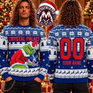 Crystal Palace FC The Grinch Holding Logo Royal Blue Snowflakes And Reindeers 2026 Knitted Ugly Christmas Sweater
