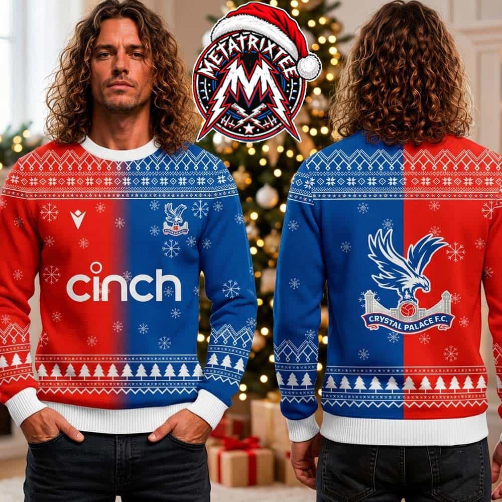 Crystal Palace FC USALAST Red Blue Split Cinch Logo And Eagle Pattern Gift For Fan Knitted Ugly Christmas Sweater Crystal Palace FC USALAST Red Blue Split Cinch Logo And Eagle Pattern Gift For Fan Knitted Ugly Christmas Sweater
