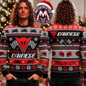 Dainese Motorcycle Racing Helmet And Checkered Flag Snowflake Pattern 2026 Knitted Ugly Christmas Sweater